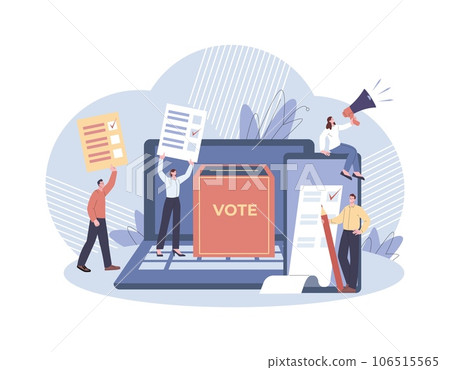 Online voting, survey in media or internet. People vote government, digital ballots. Electronic political election, statement or feedback kicky vector scene 106515565