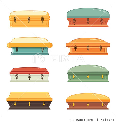 Flat coffins. Ceremonial elements, funeral coffin isolated on white. Decorative jewelry boxes set. Funerary box, decent vector collection Flat coffins. Ceremonial elements, funeral coffin isolated on white. Decorative jewelry boxes set. Funerary box, decent vector collection 106515573