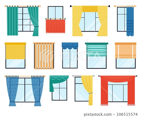 Flat curtains on windows. Color curtain, window decorations and blinds. Room decorative interior accessories, fabric design decent vector elements Flat curtains on windows. Color curtain, window decorations and blinds. Room decorative interior accessories, fabric design decent vector elements 106515574