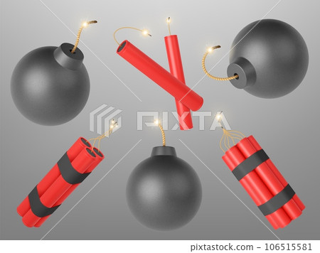 Realistic 3d dynamite and bomb. Dangerous explode elements, burning bombs wicks. Symbol terrorism, war and aggression pithy vector clipart Realistic 3d dynamite and bomb. Dangerous explode elements, burning bombs wicks. Symbol terrorism, war and aggression pithy vector clipart 106515581