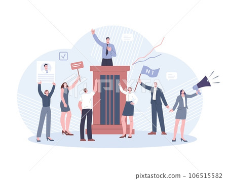 Political leader. Election campaign, politics characters, debates and advertising. Democracy political, candidate speech from tribune kicky vector concept Political leader. Election campaign, politics characters, debates and advertising. Democracy political, candidate speech from tribune kicky vector concept 106515582