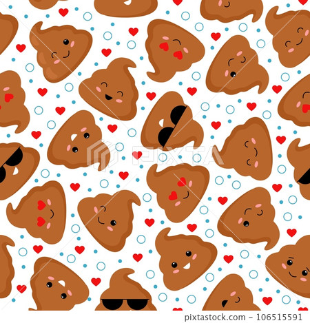 Poop seamless pattern. Vintage poops smile background. Fabric texture, decorative humor print with cartoon happy face. Decent vector graphic art 106515591