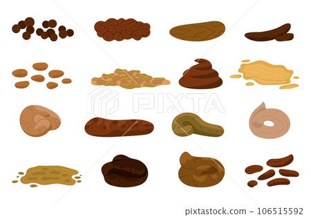 Poop elements. Isolated dog or human poops. Cartoon excrement animal, various fecal for medical check up or bristol scale, decent vector icons 106515592
