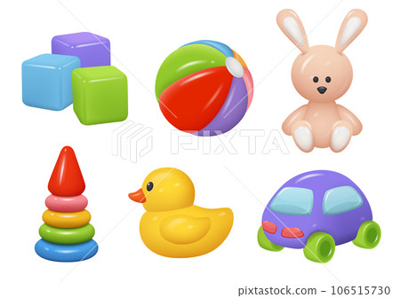 Toys for kids. Plasticine style pictures toys for children pleasure decent vector items set Toys for kids. Plasticine style pictures toys for children pleasure decent vector items set 106515730