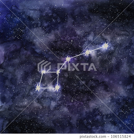 Ursa Minor, the little bear constellation. Astrology, astronomy. Hand draw watercolor illustration on dark starry space background. For design print, card, poster decor 106515824