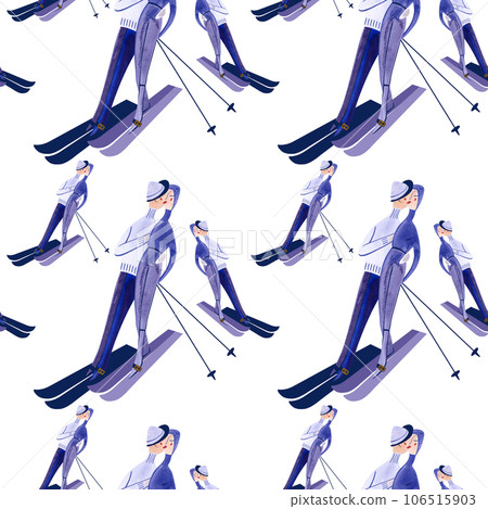 Watercolor seamless patern with skiers. Winter textile. Sport costume. Wrapping paper for ski resort souvenirs. White background 106515903