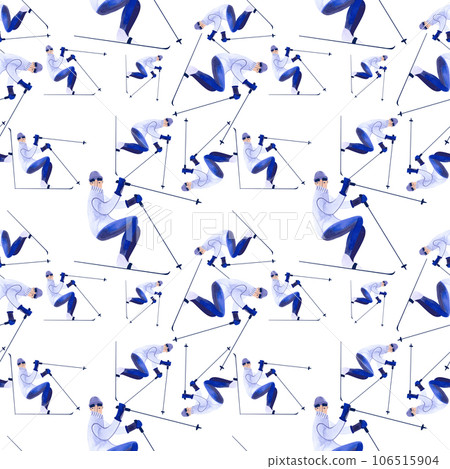 Watercolor seamless patern with skiers. Winter textile. Sport costume. Wrapping paper for ski resort souvenirs. White background 106515904