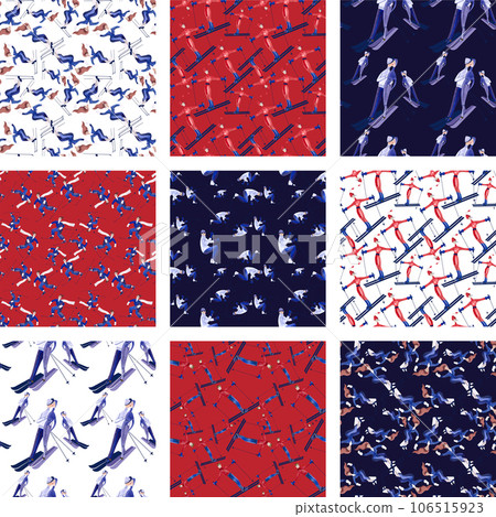 Set of watercolor seamless patern with skiers. Winter textile. Sport costume. Wrapping paper for ski resort souvenirs. Set of watercolor seamless patern with skiers. Winter textile. Sport costume. Wrapping paper for ski resort souvenirs. 106515923
