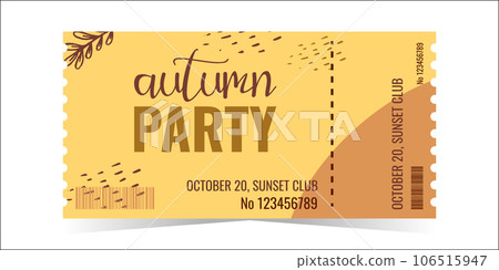 The ticket layout template for autumn party. Dots and twigs. Design of a banner, a flyer, an invitation card. Vector flat illustration. The ticket layout template for autumn party. Dots and twigs. Design of a banner, a flyer, an invitation card. Vector flat illustration. 106515947