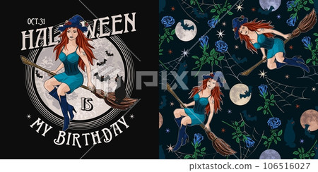 Set of halloween pattern, label with young witch 106516027