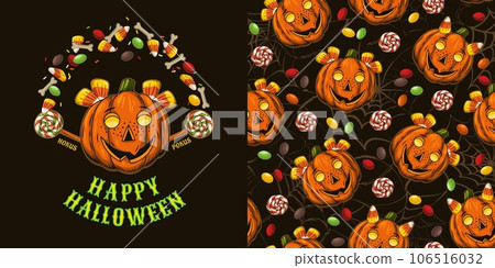 halloween pattern, logo with candy, pumpkin halloween pattern, logo with candy, pumpkin 106516032
