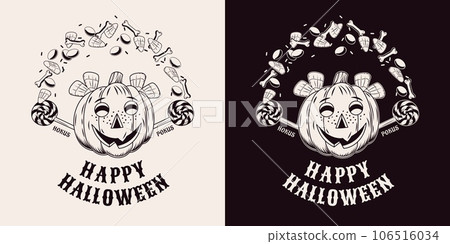 Halloween label with pumpkin head, candy corn 106516034