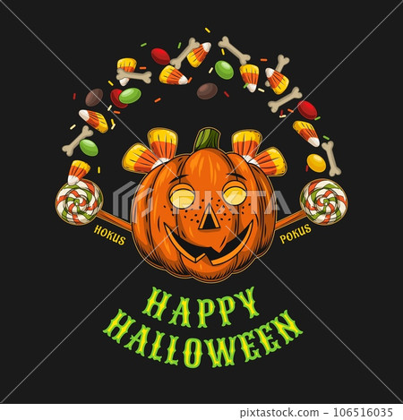 Halloween label with pumpkin head, candy corn 106516035