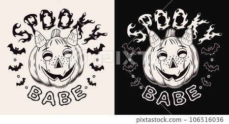Halloween label with pumpkin head text Spooky Babe 106516036