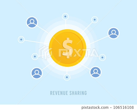 Revenue Sharing - Financial Business Planning and Money Management. Gold Coin, Revenue Sharing or Profit Shared Among Participants. Vector illustration isolated on blue background with icons 106516108