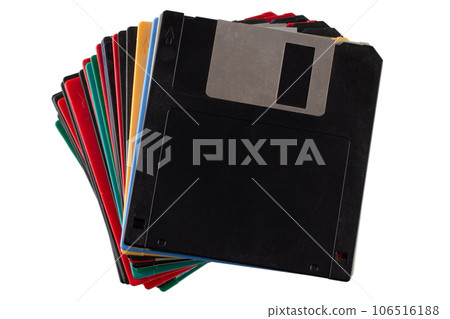Colored old retro floppy diskettes in stack. 106516188
