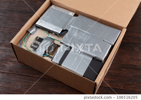 Hand made bomb with c4 and cell phone module in a cardboard box 106516205