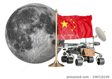 Chinese Lunar Exploration Program. Planetary rover with Moon and Chinese flag. 3D rendering 106516289