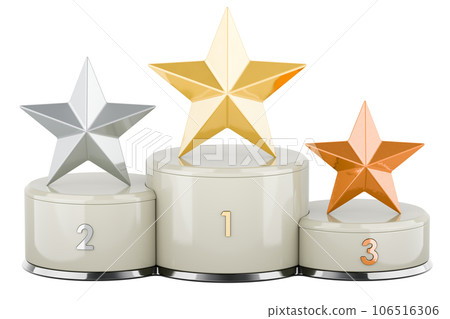 Winners Podium with golden star, silver star and bronze star. 3D rendering 106516306