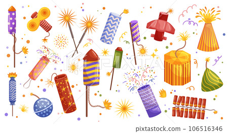 Fireworks And Pyrotechnics Set. Explosive Displays Of Color And Light, Captivating Audiences Cartoon Vector Illustration Fireworks And Pyrotechnics Set. Explosive Displays Of Color And Light, Captivating Audiences Cartoon Vector Illustration 106516346