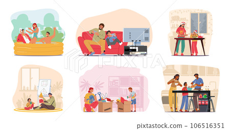 Set Family Leisure And Activities. Parents And Kids Characters Fun In Swimming Pool, Baking Festive Pastry, Learning Set Family Leisure And Activities. Parents And Kids Characters Fun In Swimming Pool, Baking Festive Pastry, Learning 106516351
