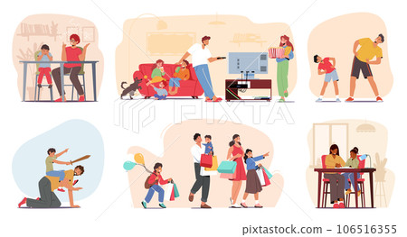 Set Family Leisure And Activities. Parents And Kids Characters Doing Homework, Shopping, Watching Movies On Weekend Set Family Leisure And Activities. Parents And Kids Characters Doing Homework, Shopping, Watching Movies On Weekend 106516355