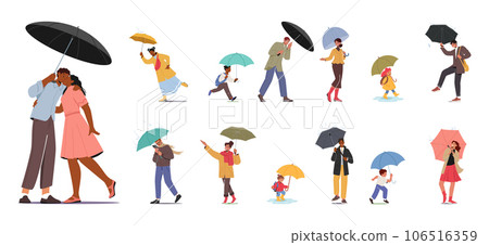 Characters At Rainy Day. People Huddled Under Umbrellas, Wearing Raincoats, And Carrying Bags, Vector Illustration Characters At Rainy Day. People Huddled Under Umbrellas, Wearing Raincoats, And Carrying Bags, Vector Illustration 106516359