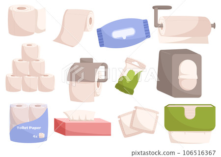 Personal Hygiene Items Set. Toilet Paper For Cleanliness, Wipes For Refreshing, And Pads For Protection, Vector 106516367