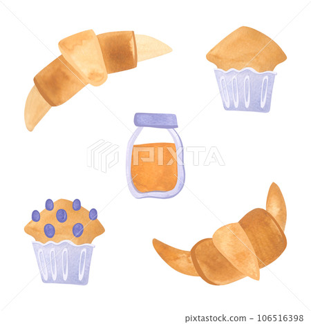 Tea set: muffins, croissants, a jar of honey. Isolated watercolor illustration on white background. Clipart. Decor for a tea party or an English style party. Tea set: muffins, croissants, a jar of honey. Isolated watercolor illustration on white background. Clipart. Decor for a tea party or an English style party. 106516398
