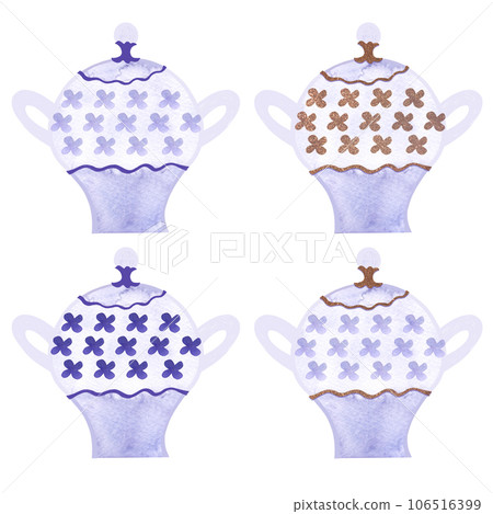 A set of sugar bowls for tea drinking in a classic style with gold decor and blue flowers. Isolated watercolor illustration on white background. Clipart. Decor for a tea party or English style party A set of sugar bowls for tea drinking in a classic style with gold decor and blue flowers. Isolated watercolor illustration on white background. Clipart. Decor for a tea party or English style party 106516399