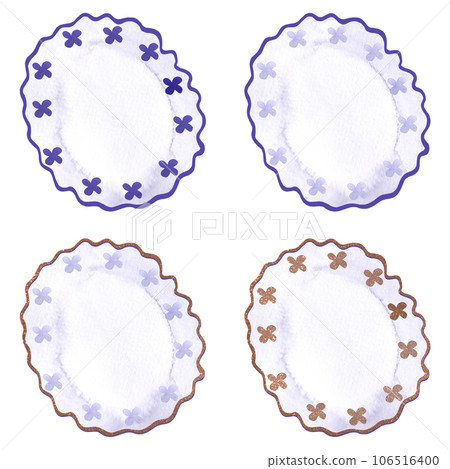 A set of tea saucers in a classic style with golden decor and blue flowers. Isolated watercolor illustration on white background. Clipart. Decor for a tea party or an English style party. A set of tea saucers in a classic style with golden decor and blue flowers. Isolated watercolor illustration on white background. Clipart. Decor for a tea party or an English style party. 106516400