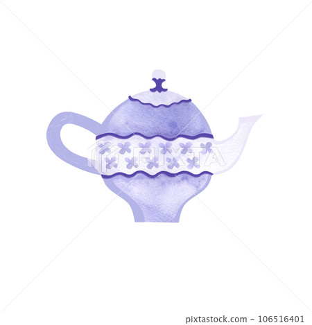 Kettle in a classic style with gold decor and floral ornaments. Isolated watercolor illustration on white background. Clipart. Decor for a tea party or an English style party. 106516401