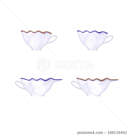 A set of tea cups and milk jugs in a classic style with golden decor. Isolated watercolor illustration on white background. Clipart. Decor for a tea party or an English style party. 106516402