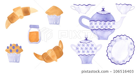 A set for an English tea party: a teapot, a cup, a saucer, a milk jug, a sugar bowl in a classic style with gold decor, cupcake, croissant and a jar of honey. Isolated watercolor illustration A set for an English tea party: a teapot, a cup, a saucer, a milk jug, a sugar bowl in a classic style with gold decor, cupcake, croissant and a jar of honey. Isolated watercolor illustration 106516403