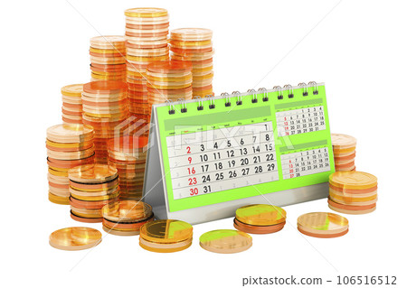 Desk calendar with golden coins, 3D rendering Desk calendar with golden coins, 3D rendering 106516512