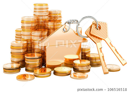 Home key with keychain and golden coins, 3D rendering Home key with keychain and golden coins, 3D rendering 106516518