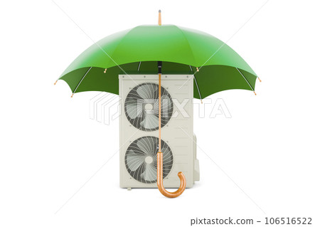 Outdoor Compressor Multi-Zone Unit, Air Conditioner under umbrella, 3D rendering Outdoor Compressor Multi-Zone Unit, Air Conditioner under umbrella, 3D rendering 106516522