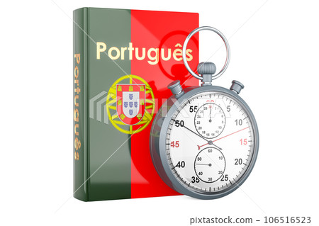 Portuguese language textbook with stopwatch. Accelerated courses of Portuguese language, 3D rendering Portuguese language textbook with stopwatch. Accelerated courses of Portuguese language, 3D rendering 106516523