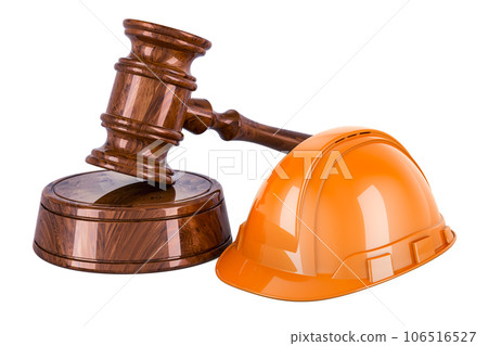 Wooden gavel with orange hard hat, 3D rendering Wooden gavel with orange hard hat, 3D rendering 106516527
