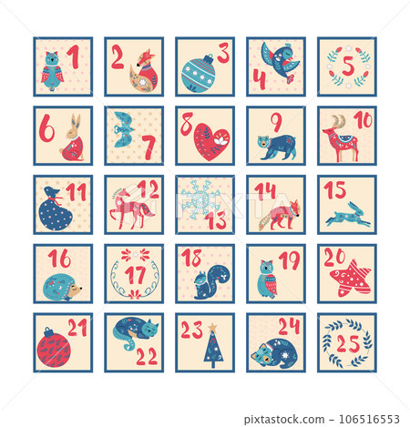 AAdvent calendar for Christmas. Animals in scandinavian folk style. Ornament of plants, flowers and berries. 106516553