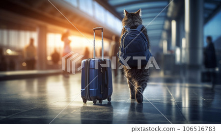 AI image of a cat traveling with a suitcase and backpack | cat, traveling 106516783
