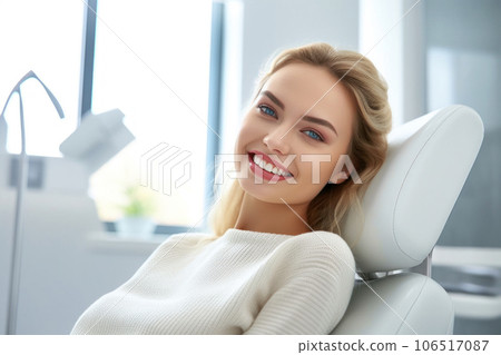 Smiling woman sits in dental chair, female patient showing teeth Smiling woman sits in dental chair, female patient showing teeth 106517087