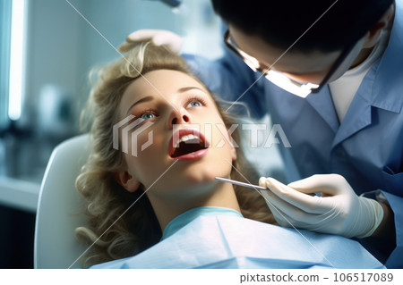 Young woman opens mouth sitting in dental chair in doctor office Young woman opens mouth sitting in dental chair in doctor office 106517089
