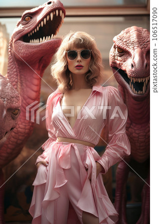 Sexy woman poses with pink dinosaurs, young female model and monsters 106517090