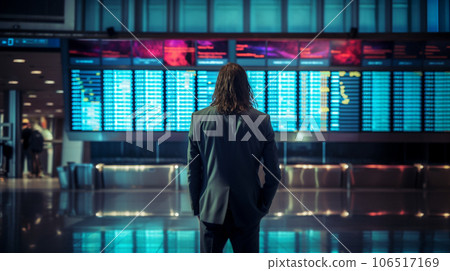 AI image of a long-haired man wearing a suit at the airport | Long hair man suit airport 106517169