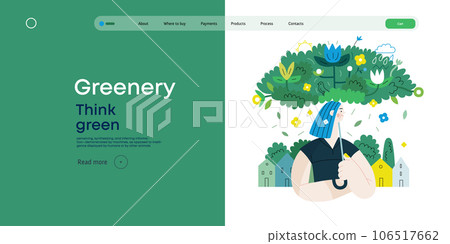 Greenery, ecology -modern flat vector concept illustration of a woman under the green lush umbrella of plants and flowers. Metaphor of environmental sustainability and protection, closeness to nature Greenery, ecology -modern flat vector concept illustration of a woman under the green lush umbrella of plants and flowers. Metaphor of environmental sustainability and protection, closeness to nature 106517662