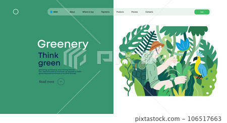 Greenery, ecology -modern flat vector concept illustration of a woman exploring the jungle and a wild bird in a tree. Metaphor of environmental sustainability and protection, closeness to nature 106517663