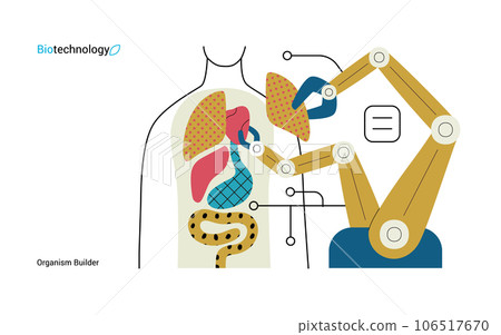 Bio Technology, Organism Builder -modern flat vector concept illustration of robot assembling organism using blocks, parts representing organ systems. Metaphor of regenerative medicine and 3D printing Bio Technology, Organism Builder -modern flat vector concept illustration of robot assembling organism using blocks, parts representing organ systems. Metaphor of regenerative medicine and 3D printing 106517670