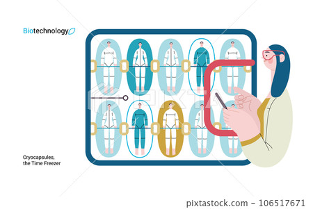 Bio Technology, Cryocapsule Time Freezer -modern flat vector concept illustration of futuristic cryocapsules resembling frozen time vaults. Metaphor of preserving life, time through cryonic technology Bio Technology, Cryocapsule Time Freezer -modern flat vector concept illustration of futuristic cryocapsules resembling frozen time vaults. Metaphor of preserving life, time through cryonic technology 106517671