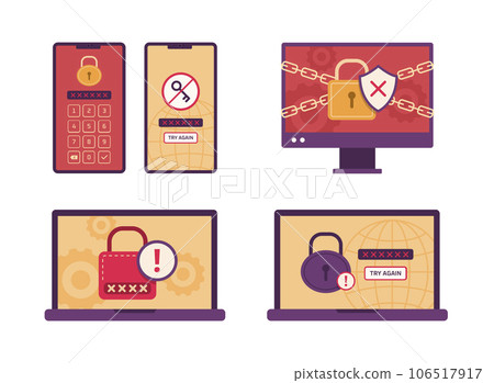 Computers and Mobile Phones with Error Lock Screen Warning for Cyber Crime Concept Illustration 106517917